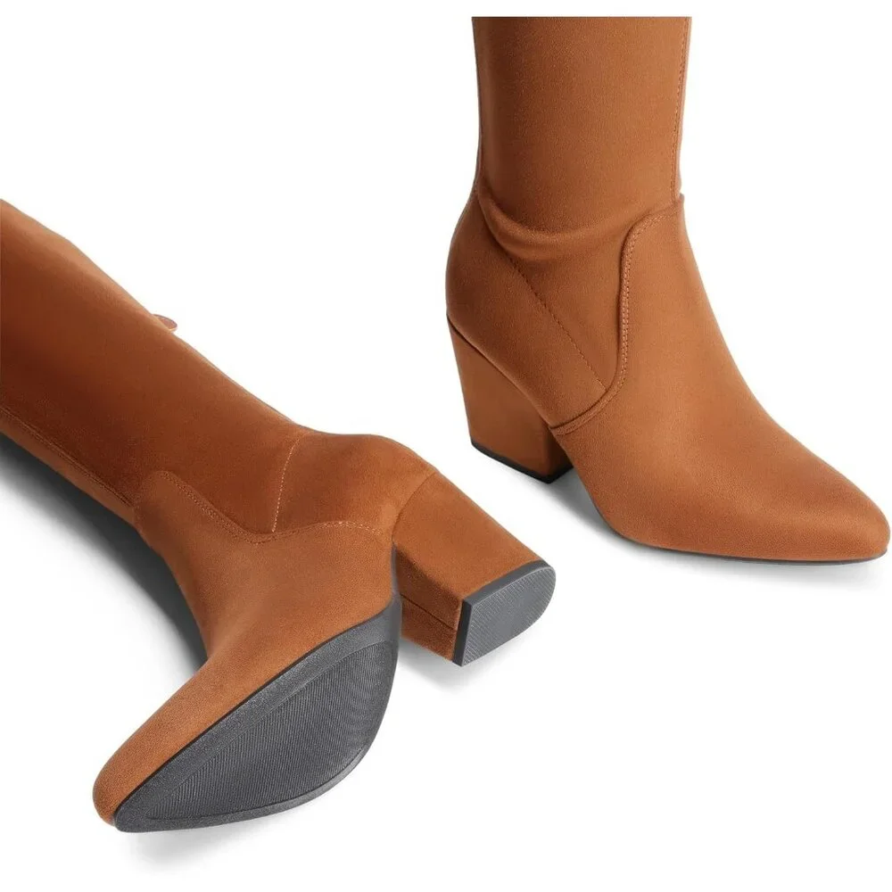 Women's Brown Thigh High Knee Chunky Pointed Toe Long Block Stylish Heel Boot